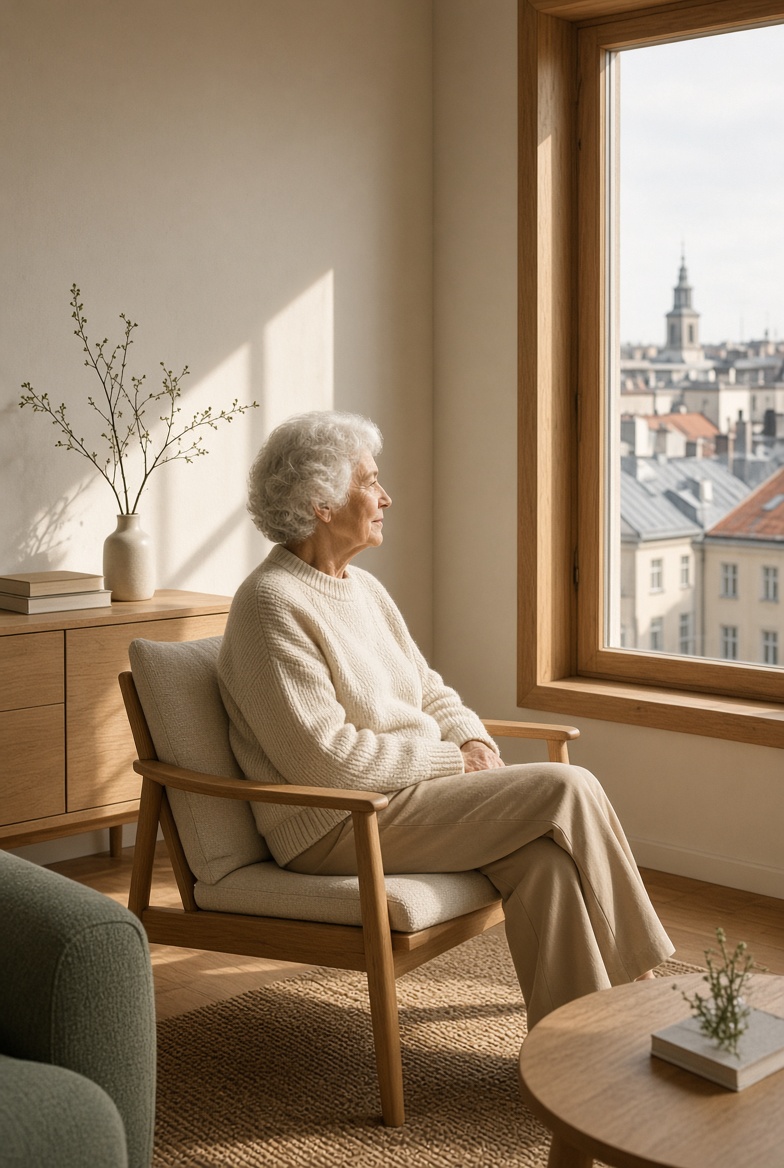 Woman sitting by the window in her own flat